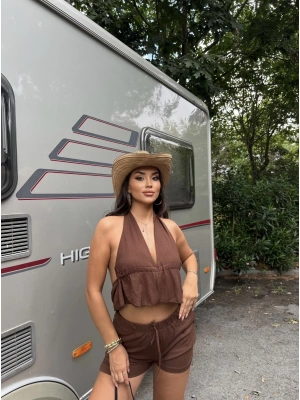 Kahverengi Büstiyer Şort Takım