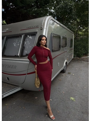 Bordo Bel Dekolteli Uzun Elbise