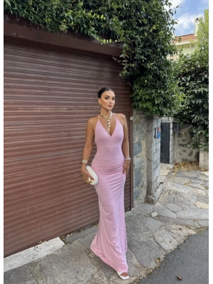 Pembe Boyundan Bağlamalı Göğüs Büzgü Elbise