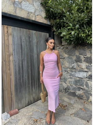 Pembe Halter Yaka Büzgülü Elbise