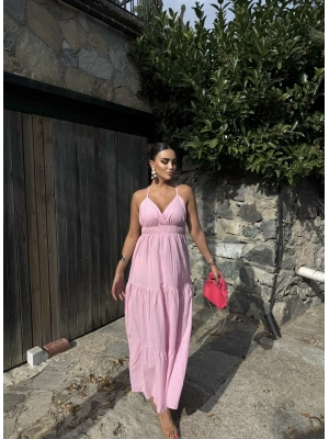 Pembe Sırt Detay Keten Elbise