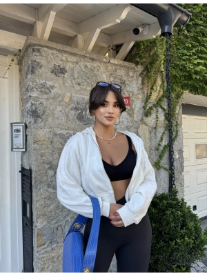 Beyaz Fermuarlı Crop Hırka