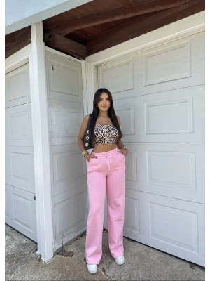 Pembe 3 İplik Bol Paça Eşofman Altı