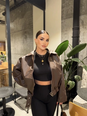 Kahverengi Kemer Detay Oversize Deri Ceket