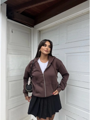 Acı Kahve Fermuarlı Oversize Hırka