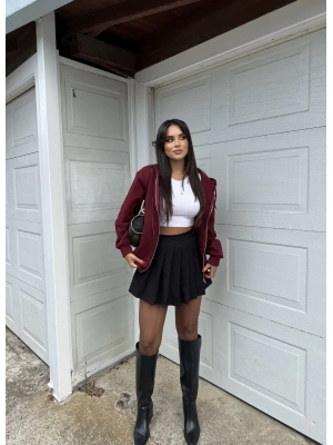 Bordo Fermuarlı Oversize Hırka