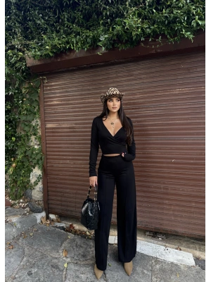 Siyah Modal Kruvaze Yaka Bağlamalı Takım