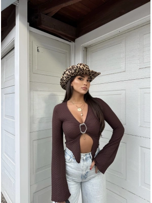 Kahverengi Aksesuar Detay Gofre Crop