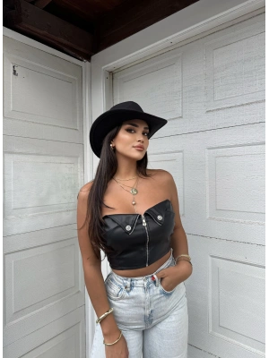 Siyah Fermuar Detay Deri Straplez Crop