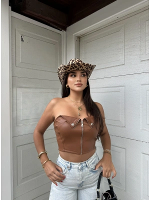 Kahverengi Fermuar Detay Deri Straplez Crop