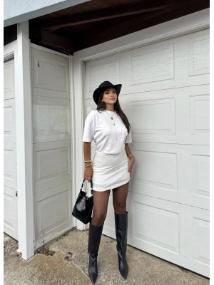 Beyaz Payetli Mini Etek