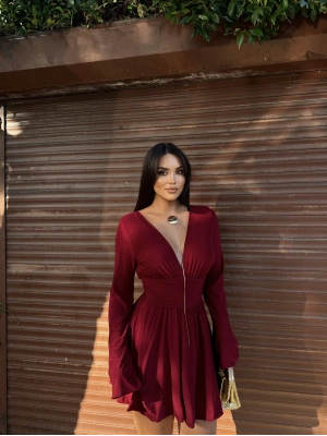 Bordo İspanyol Kol V Yaka Şortlu Elbise