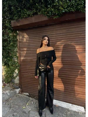 Siyah Şardonlu Deri Pantolon