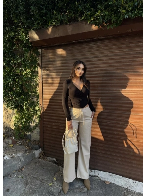 Bej Şardonlu Deri Pantolon