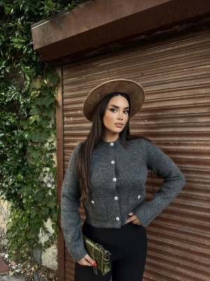 Antrasit Düğme Detay Triko Hırka