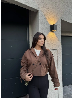 Kahverengi Düğme Detay Kemerli Crop Trençkot