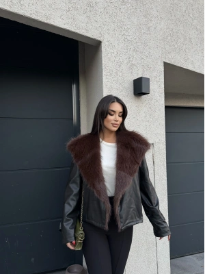 Siyah Kahverengi Kürklü Deri Premium Ceket