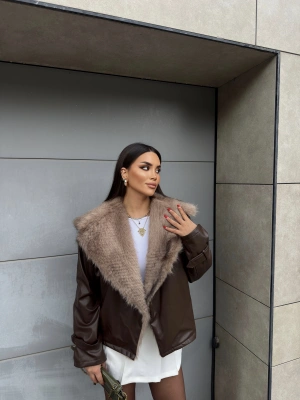 Kahverengi Kürklü Deri Premium Ceket