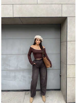 Kahverengi Yan Cep Boyfirend Jean