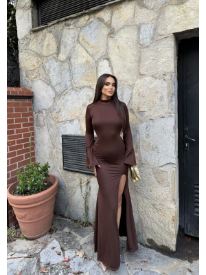 Kahverengi Sırt Detay İspanyol Kol Uzun Elbise