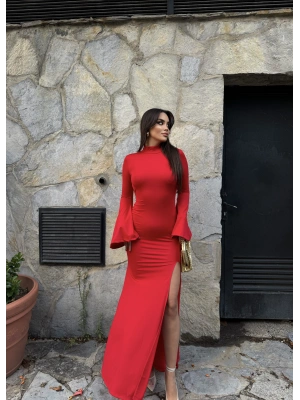 Kırmızı Sırt Detay İspanyol Kol Uzun Elbise