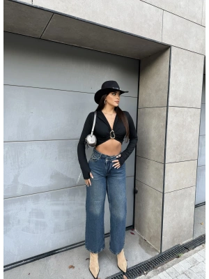 Mavi Tint Asimetrik Düğmeli Pantolon