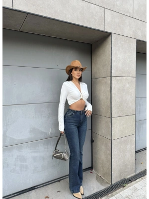 Koyu Mavi İspanyol Paça Yüksek Bel Jean