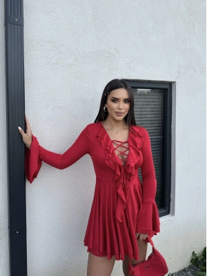 Kırmızı Fırfırlı İspanyol Kol Elbise