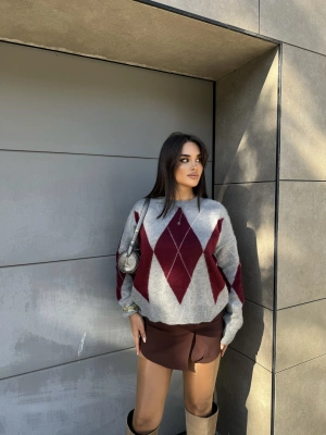 Baklava Desen Gri Bordo Kazak