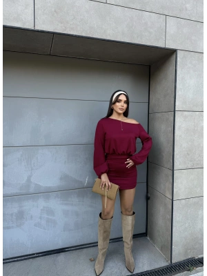 Bordo Modal Kayık Yaka Elbise