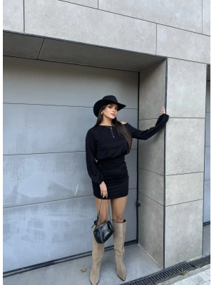 Siyah Modal Kayık Yaka Elbise