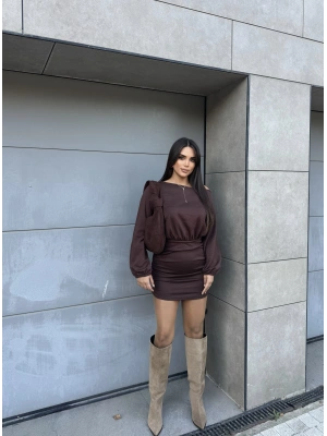Kahverengi Modal Kayık Yaka Elbise