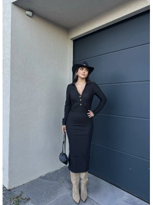 Siyah Polo Yaka Düğmeli Elbise