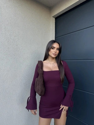 Bordo İspanyol Kol Crep Mini Elbise