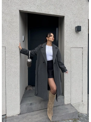 Antrasit Uzun Kuşaklı Kaşe Kaban