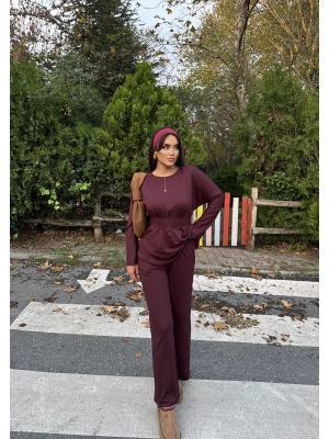 Bordo Modal Pileli Salaş Takım