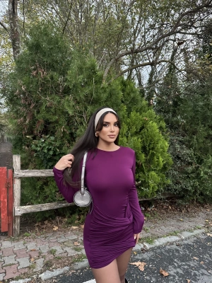 Mürdüm Burgulu Kısa Elbise