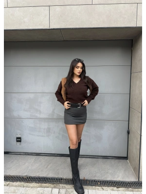 Antrasit Kemerli Premium Şort Etek