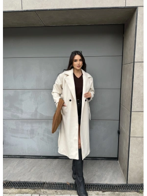 Krem Uzun Kuşaklı Kaşe Kaban