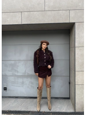 Bordo Yırtmaçlı Kemerli Şort Etek