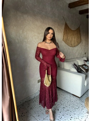 Bordo Dantelli Madonna Yaka Uzun Elbise
