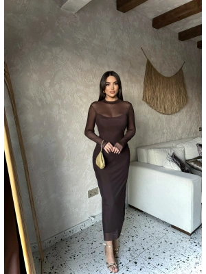 Kahverengi Tül Astarlı Uzun Elbise