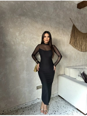 Siyah Tül Astarlı Uzun Elbise