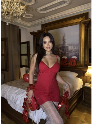 Kırmızı Taşlı Korse Detay Elbise