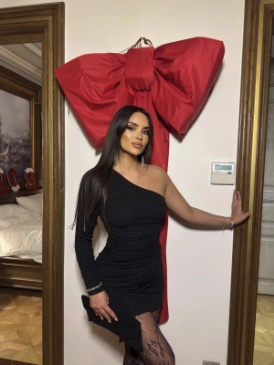 Siyah Tek Kol Drapeli Simli Elbise