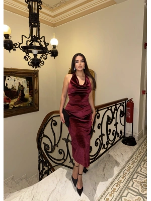 Bordo Güpür Detay Uzun Kadife Elbise