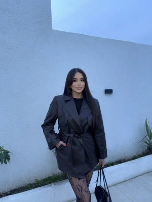 Kahverengi Midiboy Deri Trençkot