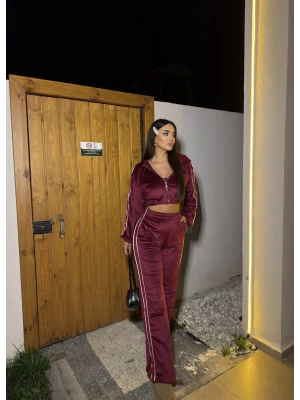 Bordo Kadife Şeritli Üçlü Takım