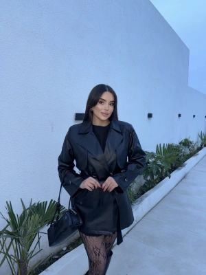 Siyah Midiboy Deri Trençkot