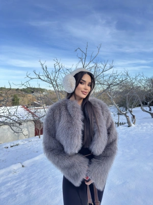 Gri Simli Crop Kürk Ceket